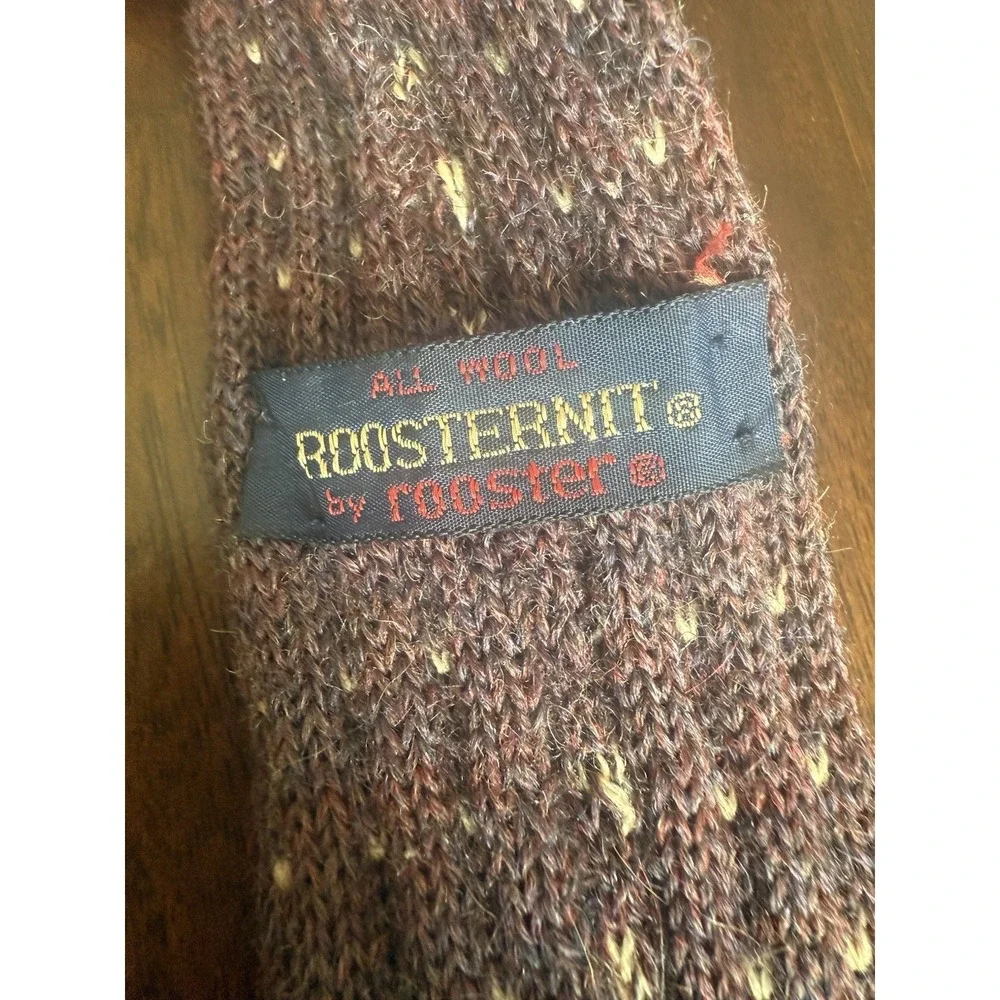 Rooster Roosternit Mens Wool Knit Tie Brown White Geometric Pattern‎ Birdseye